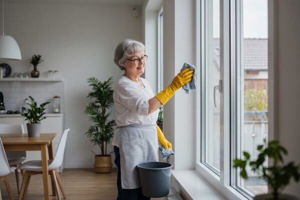 Oma putzt ein modernes Fenster in einer hellen Küche, symbolisch für ihre besten Fensterputztipps