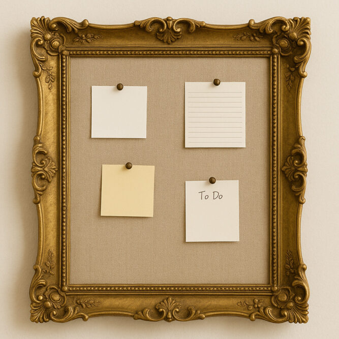 Pinnwand aus goldenem Vintage-Bilderrahmen mit Notizzetteln