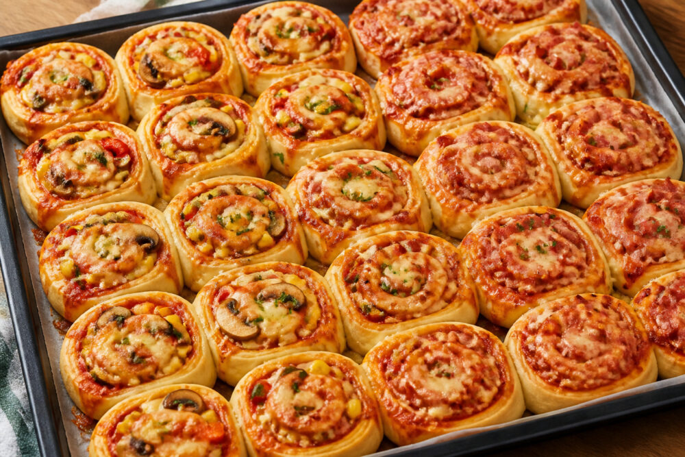 Vegetarische und nicht vegetarische Pizzaschnecken vom Blech