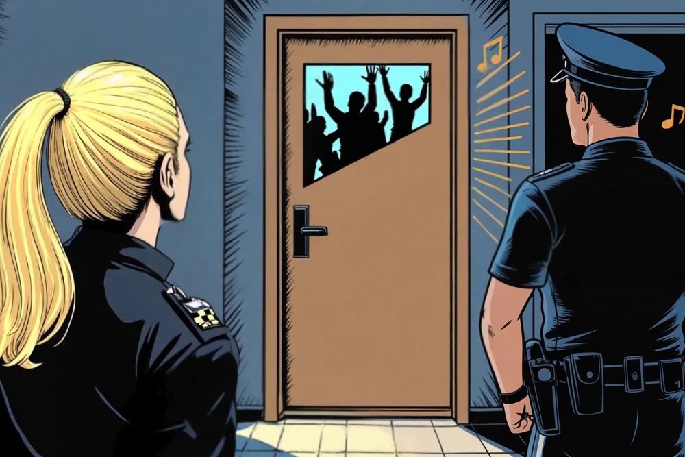 Illustration eines Polizeieinsatz wegen Ruhestörung. Hinter der Tür sind feiernde Menschen zu sehen.