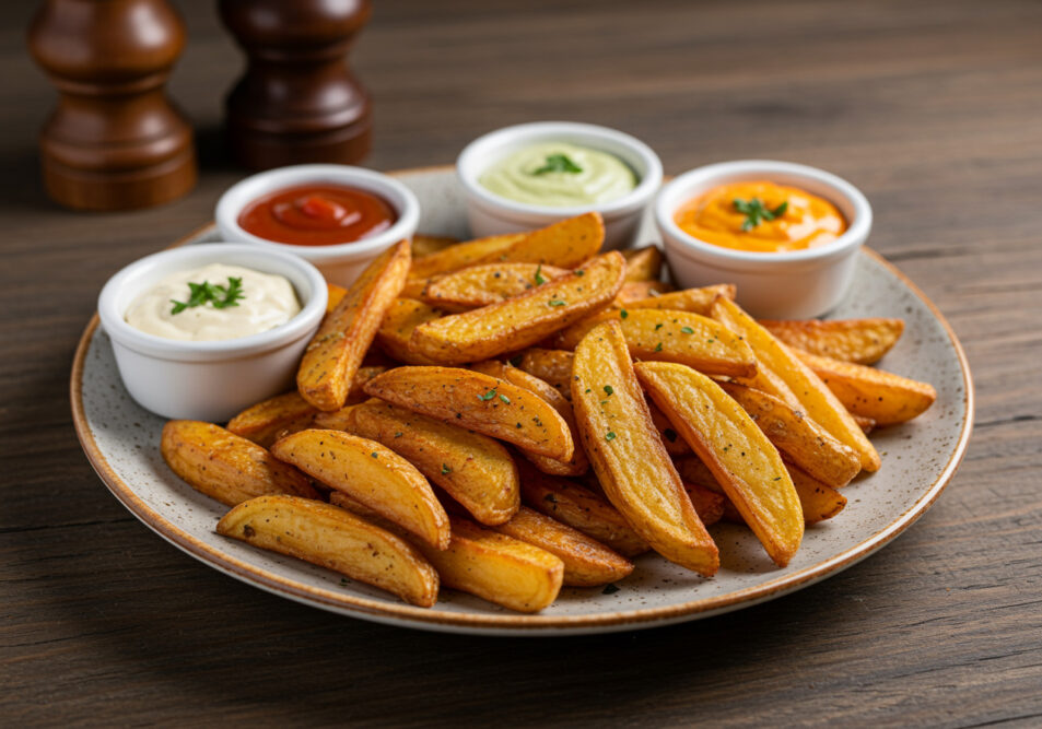 selber gemachte pommes mit verschiedenen dips