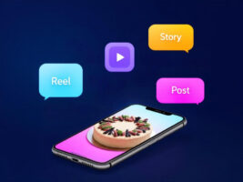 Smartphone mit geöffneter Social-Media-App zeigt einen Kuchen auf dem Bildschirm, daneben farbige Sprechblasen mit den Begriffen "Reel", "Story" und "Post".