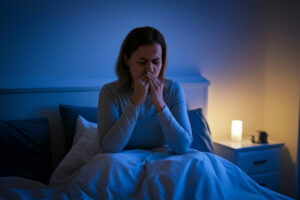 Eine Frau sitzt nachts im Bett und hält sich die Hände vor den Mund, geplagt von quälendem Reizhusten in der Nacht. Im Hintergrund steht eine sanft leuchtende Nachttischlampe.