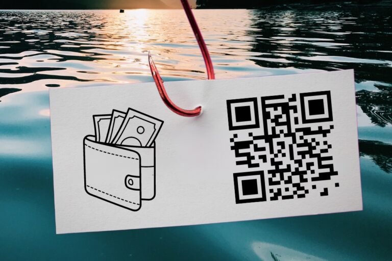 Zettel als Köder an einem Angelhaken mit einem Portmonnaie und einem QR-Code drauf - symbolisch für Quishing