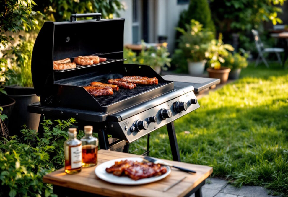 Gasgrill im grünen Garten mit Grillgut und glasierten Rippchen auf dem Rost, Teller mit servierten Rippchen im Vordergrund, begleitet von 2 Flaschen Whisky, der für die Marinade verwendet wurde.