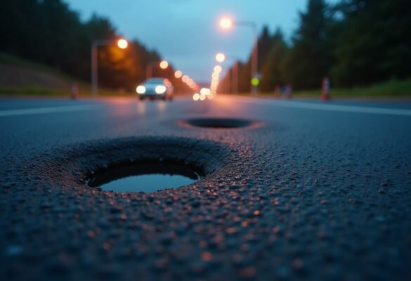 Zwei runde Löcher in der Straße, die mit Wasser gefüllt sind. Im Hintergrund fährt ein Auto bei Dämmerung, während Straßenlaternen leuchten.