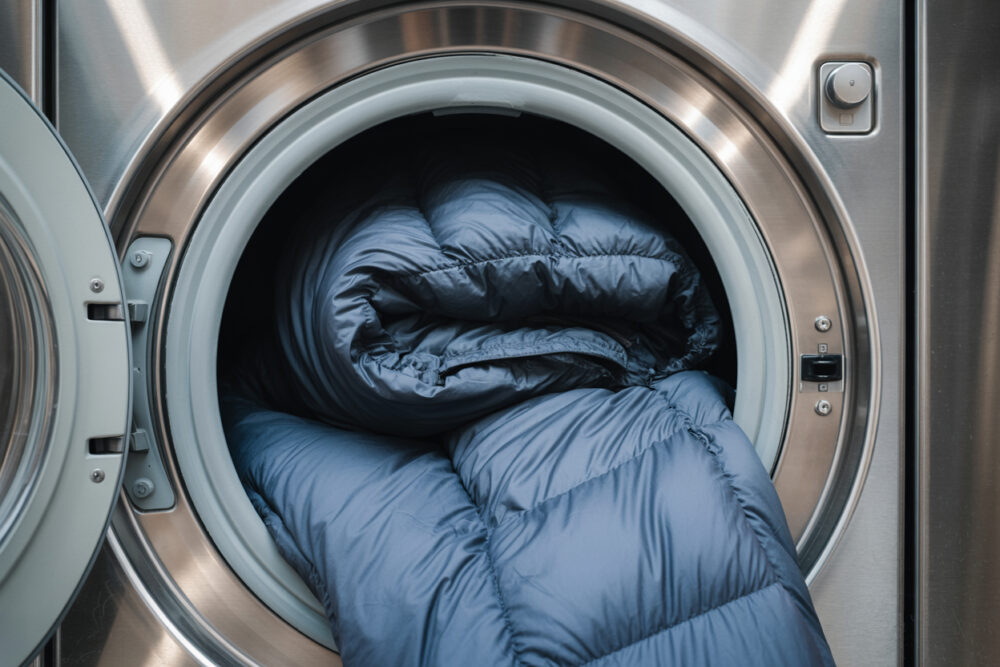 Dunkelblauer Schlafsack steckt in geöffneter Edelstahltrommel einer Waschmaschine.