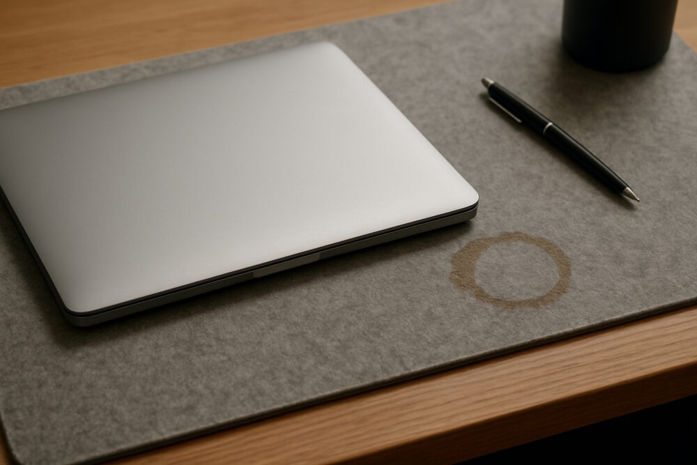 Geschlossener Laptop, Kugelschreiber und Kaffeefleck auf grauer Filz-Schreibtischunterlage.