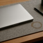 Geschlossener Laptop, Kugelschreiber und Kaffeefleck auf grauer Filz-Schreibtischunterlage.
