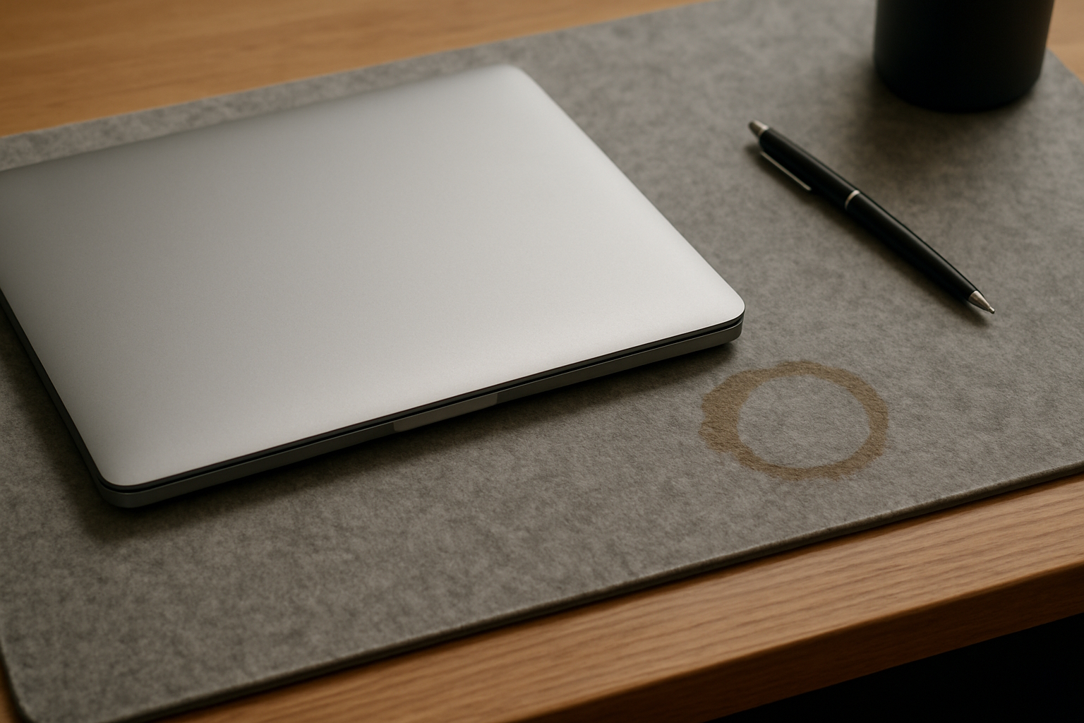 Geschlossener Laptop, Kugelschreiber und Kaffeefleck auf grauer Filz-Schreibtischunterlage.