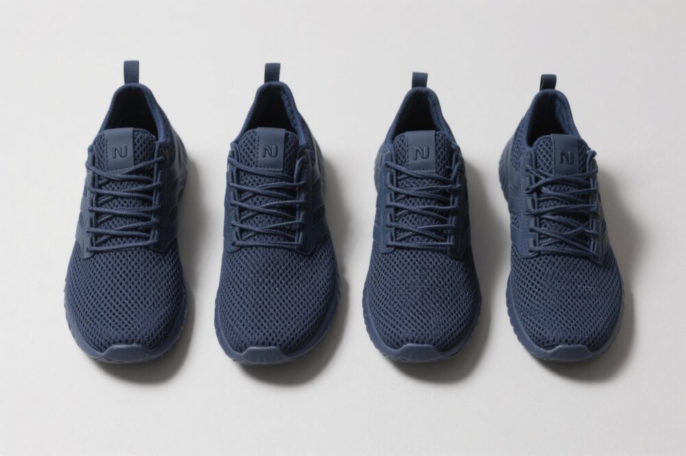 Zwei Paar marginal ungleich große dunkelblaue Mesh-Sneaker als Symbolbild für die richtige Schuhgröße ermitteln