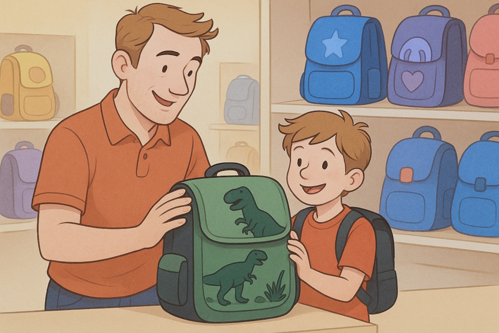 Das Bild zeigt einen Vater und seinen Sohn beim Schulranzenkauf. Der Junge freut sich sichtlich über einen grünen Ranzen mit Dinosaurier-Motiv – im Hintergrund sind weitere Ranzen in verschiedenen Farben und Designs zu sehen.