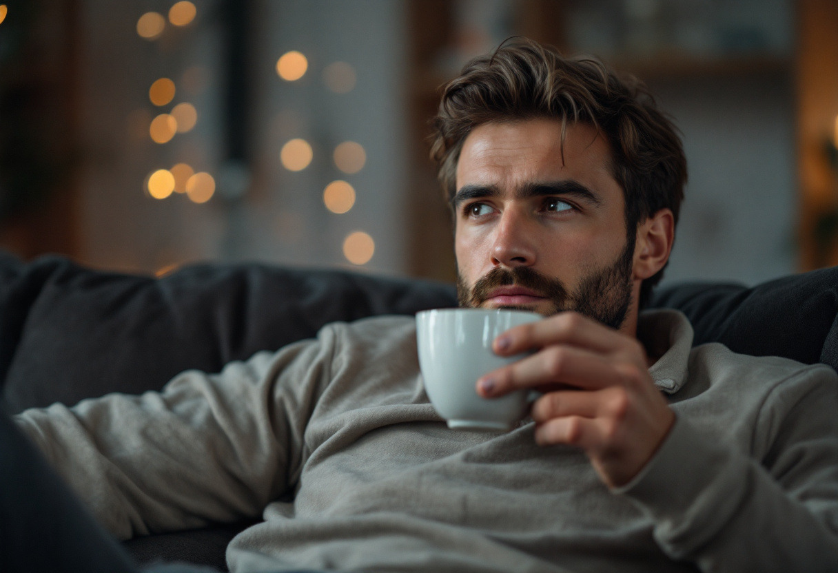 Ein nachdenklich wirkender Mann genießt eine Tasse Schwarztee am Abend vor dem Schlafengehen auf der Couch.