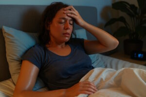 Frau sitzt nachts verschwitzt im Bett und fasst sich an die Stirn.