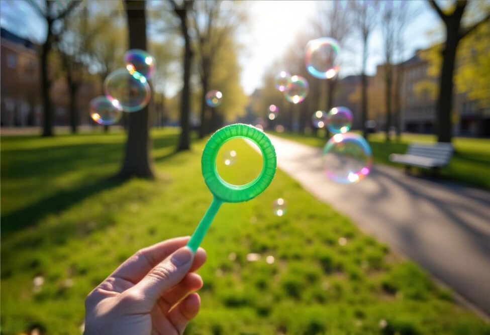 Eine Hand hält einen grünen Seifenblasenstab im Sonnenlicht, umgeben von schillernden Seifenblasen, die im Park tanzen – ein Moment der Kreativität und Freude.