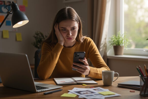 Junge Frau sitzt frustriert an ihrem Schreibtisch, schaut besorgt auf ihr Smartphone – vor ihr liegen Laptop, Notizbuch und Social-Media-Unterlagen. Symbolbild für geringe Reichweite oder Shadowban in sozialen Netzwerken.