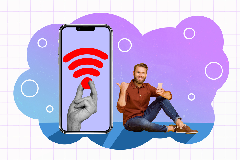 Collage zum Thema „Sicher surfen in Hotspots“: Ein Smartphone zeigt ein rotes WLAN-Symbol mit einer Schwarz-Weiß-Hand, die es scheinbar aktiviert. Daneben sitzt ein lächelnder Mann mit Smartphone in der Hand und gibt einen positiven Daumen hoch.