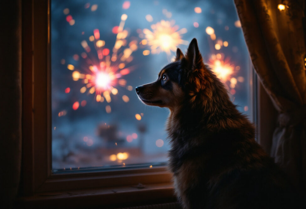 Ein Hund sitzt an einem Fenster und schaut aufmerksam nach draußen, während am Himmel buntes Feuerwerk zu Silvester zu sehen sind.