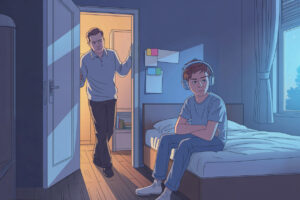 Sketch: Vater steht in der Tür, während sein Sohn mit Kopfhörern und verschränkten Armen schweigend auf dem Bett sitzt.