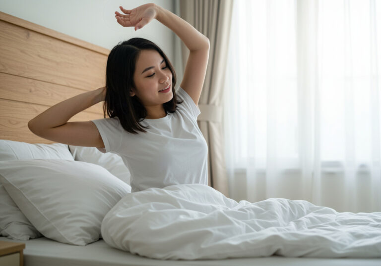 Erholte junge Frau, die sich morgens im Bett rekelt, als Resultat von Sleepmaxing