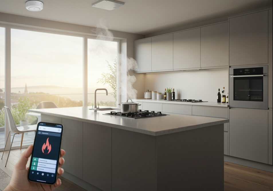 Moderne Küche mit dampfendem Kochtopf, smarter Rauchmelder an der Decke und Warnmeldung auf Smartphone.