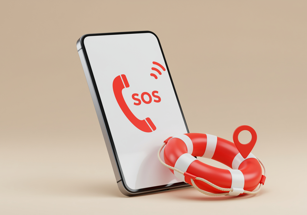 Smartphone mit rotem SOS-Symbol und Rettungsring mit Standortmarker davor.