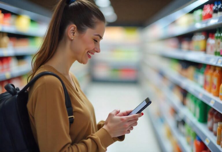 Frau mit Smartphone in der Hand steht lächelnd im Supermarktgang vor Getränkeregalen.