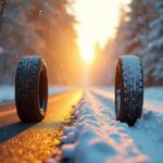 Zwei Autoreifen auf einer schneebedeckten Straße bei Sonnenaufgang, umgeben von winterlicher Landschaft. Die Reifen haben kein spezielles Winterprofil und verdeutlichen das Risiko, Sommerreifen im Winter zu verwenden.