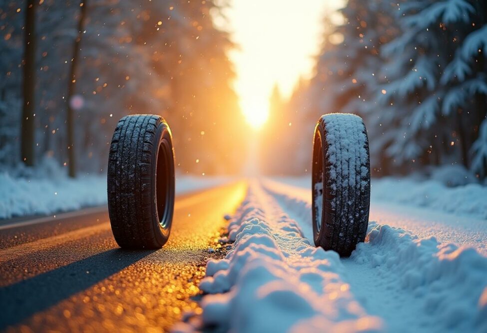 Zwei Autoreifen auf einer schneebedeckten Straße bei Sonnenaufgang, umgeben von winterlicher Landschaft. Die Reifen haben kein spezielles Winterprofil und verdeutlichen das Risiko, Sommerreifen im Winter zu verwenden.