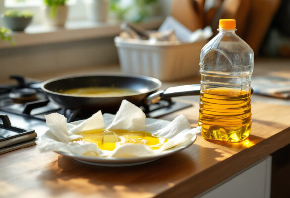 Gebrauchtes Speiseöl auf Küchenpapier auf einem Teller fertig zum Entsorgen, daneben eine Flasche Öl und eine Pfanne auf dem Herd.