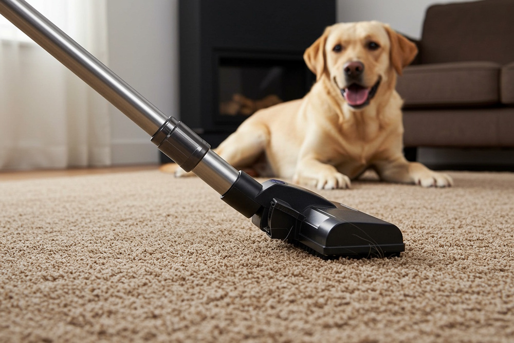 Staubsauger auf Teppich, auf dem Tierhaare liegen, im Hintergrund ein Labrador.