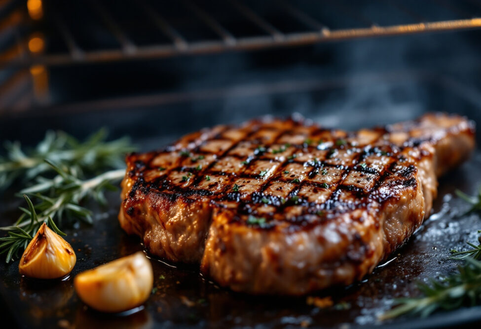 Saftiges Steak mit Grillmuster, serviert mit Knoblauch und Rosmarin, zubereitet im Ofen.