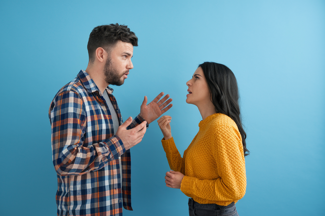 Ein Mann und eine Frau stehen sich gegenüber und führen einen Streit.