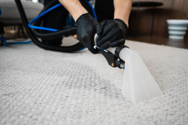 Teppich reinigen mit Waschsauger und Handschuhen auf hellem Teppich