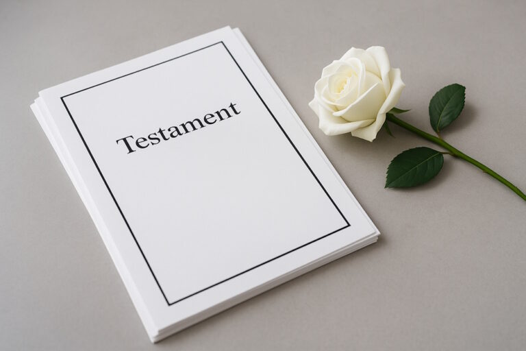 Stapel mit Dokument „Testament“ neben weißer Rose auf grauem Tisch.