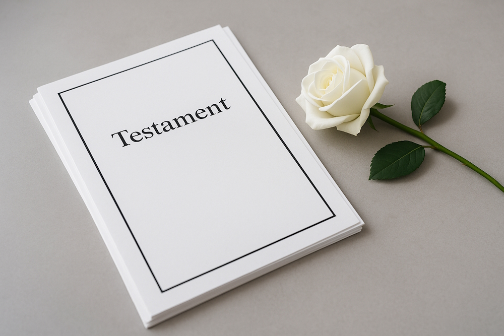 Stapel mit Dokument „Testament“ neben weißer Rose auf grauem Tisch.