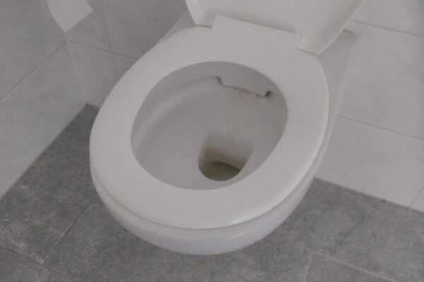 Toilette mit Urinstein- und Kalkablagerungen, die durch normales Putzen nicht richtig sauber wird.