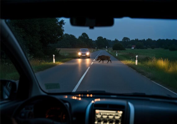 Blick aus einem Auto auf ein Wildschwein, das bei Dämmerung die Straße überquert und einen drohenden Unfall mit einem Wildtier andeutet, während ein entgegenkommendes Auto sich nähert.