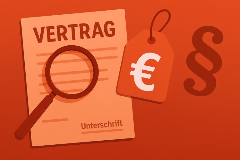 Vertrag mit Lupe, Preisschild mit Euro-Zeichen und Paragrafensymbol auf rotem Hintergrund.