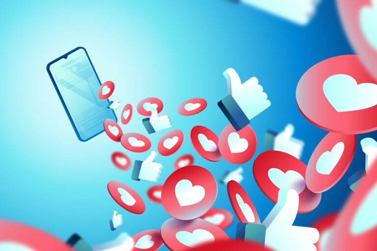 Smartphone umgeben von sehr vielen schwebenden Herz- und Like-Icons auf blauem Hintergrund, symbolisch für viral gehen.