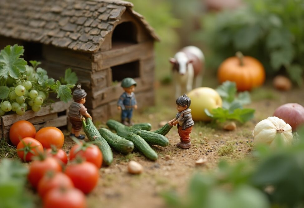 Miniaturfiguren von Bauern ernten frisches Gemüse und Obst auf einem kleinen Hof, was symbolisch für die Vorteile regionaler Produkte steht.