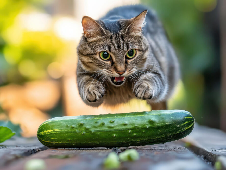 Eine Katze, die vor einer Gurken erschreckt.