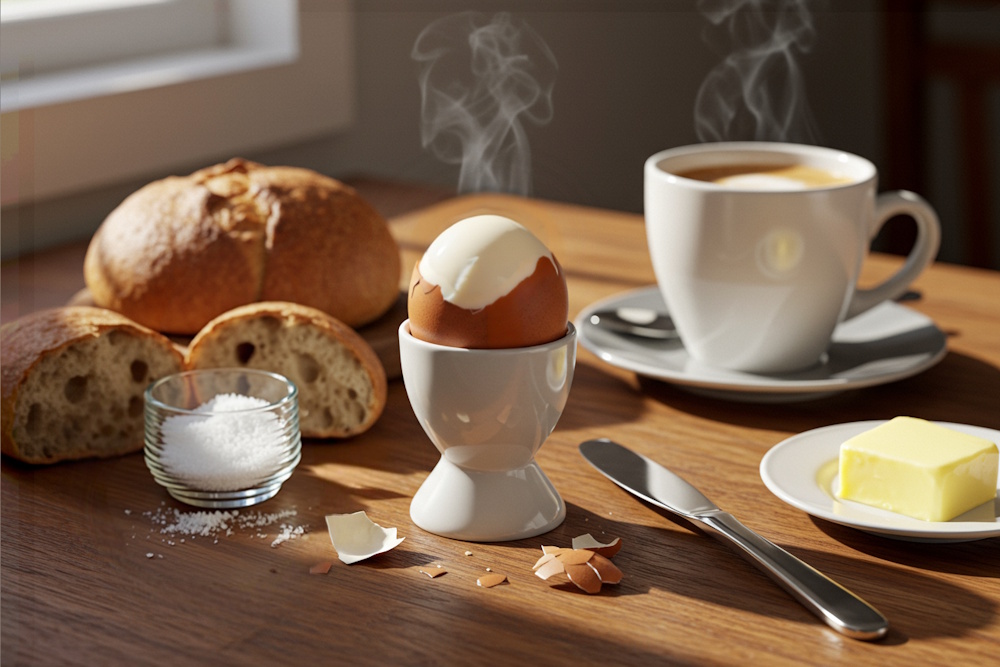 Ein Beispiel für ein gekochtes schwer gepelltes Ei auf einem normalen Frühstückstisch mit Brot, Salz und Butter.