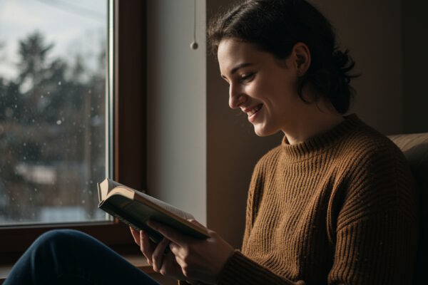 Eine junge Frau sitzt am Fenster und ist dabei ein Buch zu lesen.
