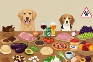 Illustration von Lebensmitteln, die Hunde auf gar keinen Fall fressen dürfen!