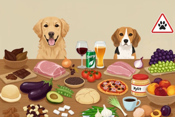 Illustration von Lebensmitteln, die Hunde auf gar keinen Fall fressen dürfen!