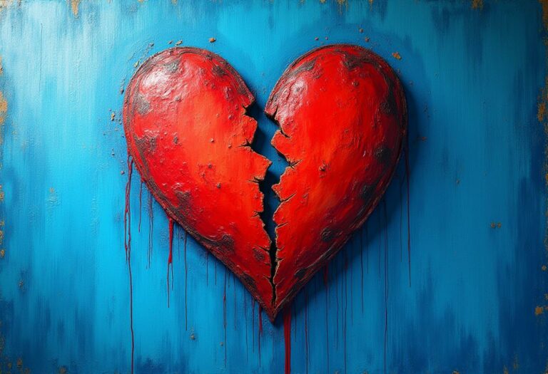 Ein gemaltes, zerbrochenes rotes Herz vor einem blauen Hintergrund, mit herunterlaufenden Farbtropfen, die Trauer und emotionale Verletzung symbolisieren. Die Darstellung passt zum Thema 'Mosting', einem Dating-Phänomen, bei dem intensive Zuneigung gezeigt wird, nur um die Beziehung kurz darauf abrupt zu beenden.
