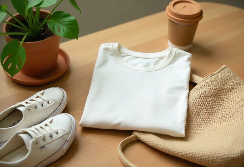 Zusammengelegtes weißes T-Shirt, nachhaltige Schuhe und Tasche – repräsentiert die Prinzipien von Slow Fashion.