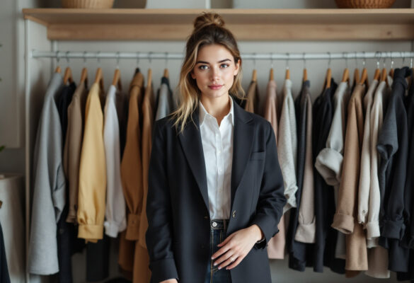 Eine junge Frau steht vor einer Garderobe mit verschiedenen Kleidungsstücken und trägt einen eleganten Blazer über einer weißen Bluse. Das Bild symbolisiert das Thema 'Was soll ich zum Bewerbungsgespräch anziehen' und zeigt eine professionelle und stilvolle Kleidungsauswahl für ein Vorstellungsgespräch.