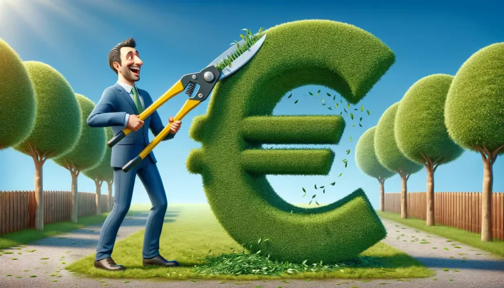 Muntere Illustration eines Mann im Anzug der einen Busch in Form eines Eurozeichens stutzt als Symbolbild für den Ratgeber: Was versteht man unter Hedging?